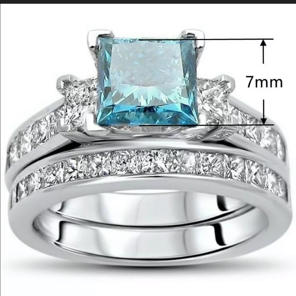 New Princess Cut Aquamarine  Set 925 Silver Ring - Picture 7 of 7